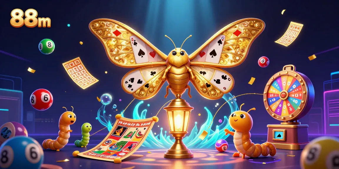 Experience thrilling wins at 88m, showcasing vibrant lottery balls and a dazzling moth amidst casino scenes.