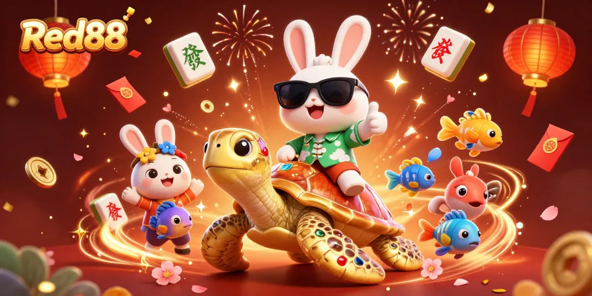 Bet on excitement with Red88, featuring a lucky rabbit and golden turtle in a vibrant casino scene