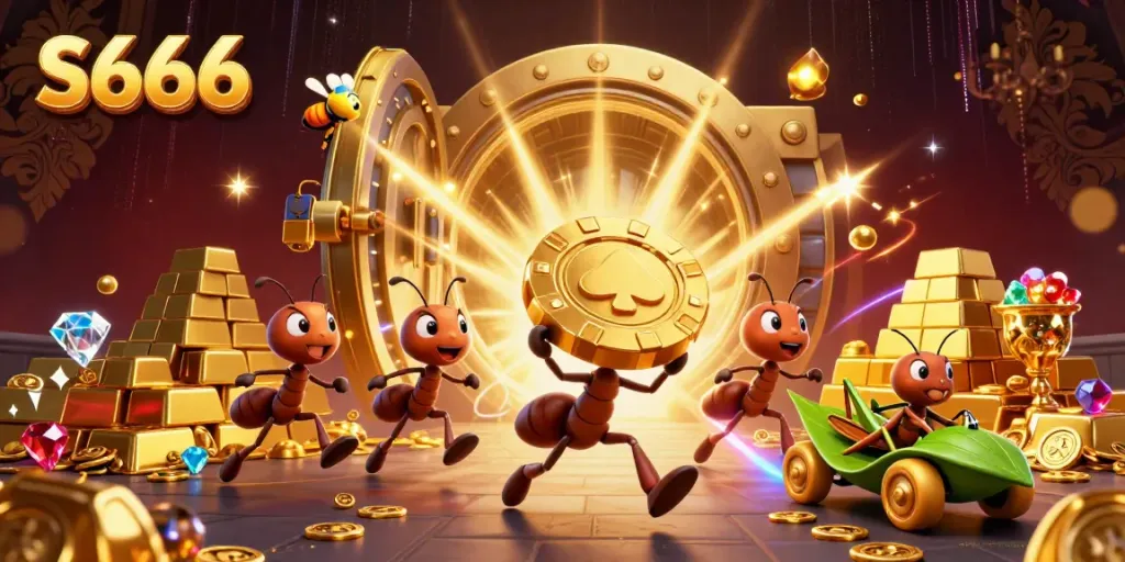 S666 ants carrying a giant poker chip in a glamorous casino heist scene amid jewels and treasure.
