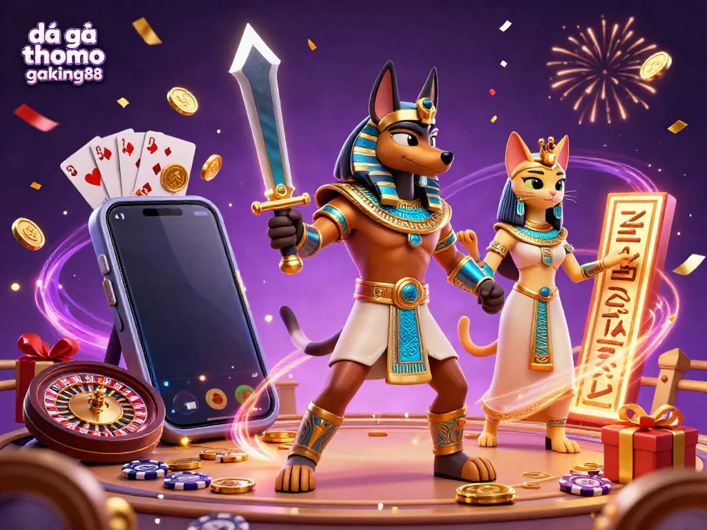Immerse yourself in the action of đá gà thomo gaking88, with ancient Egyptian warrior Anubis and sacred cat Bastet in a fighting arena.