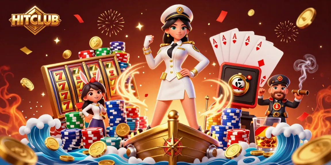 Engage with HITCLUB's slot games featuring vibrant reels, jackpot symbols, and a commanding Asian figure navigating the riches.