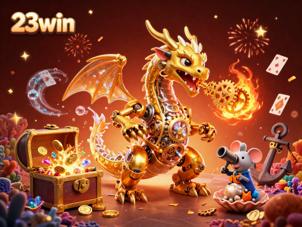 Win big with 23win by unleashing the power of a golden dragon in a vibrant casino scene.
