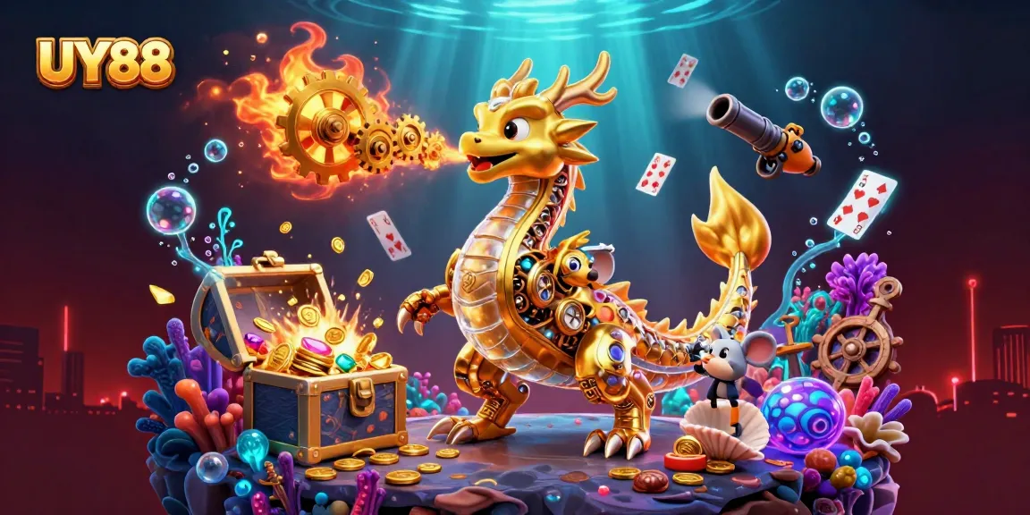 Experience epic gameplay at UY88 with a shimmering dragon and vibrant casino elements in a rich 3D scene.