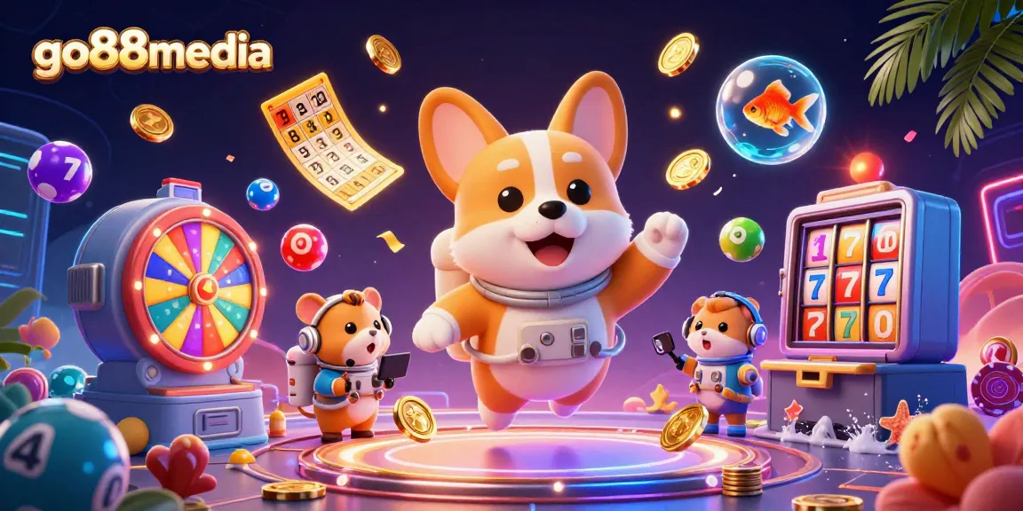 Experience excitement with go88media's cartoon casino scene featuring a floating astronaut corgi and vibrant game elements.