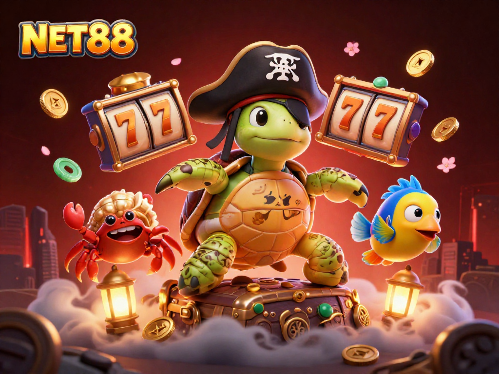 Experience NET88's vibrant gaming energy with a lively pirate turtle and friends amidst dazzling slots.
