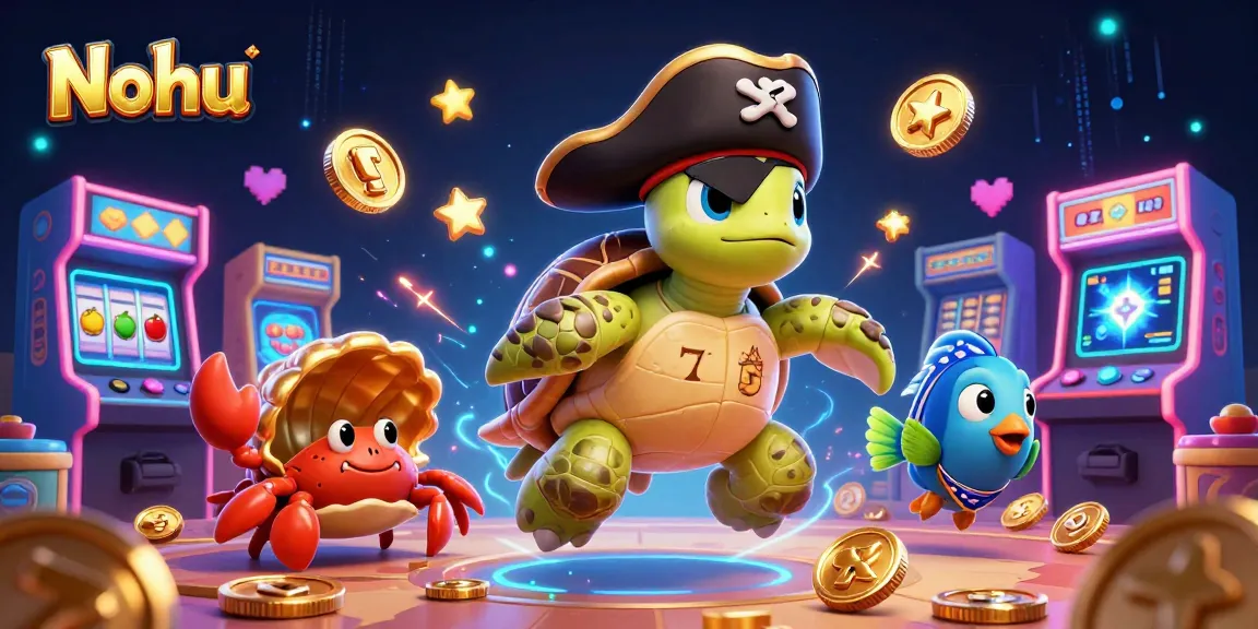 Nohu features a pirate turtle and friends amidst colorful slot machines and treasures.