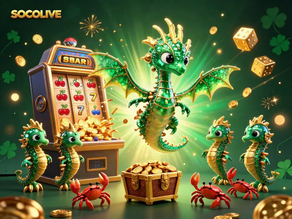SOCOLIVE showcases an enchanting scene with a sea dragon, golden slot machines, and vibrant casino elements for online gambling