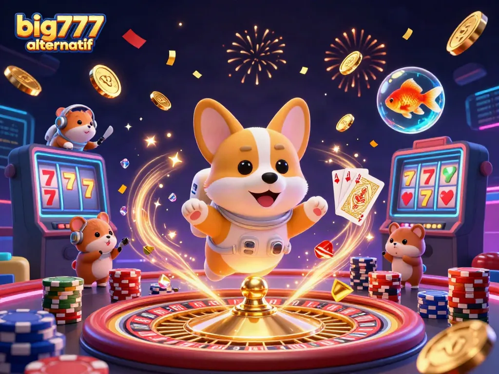 Engage with BIG777 alternatif in a vibrant casino scene featuring a cartoon astronaut corgi surrounded by poker elements.