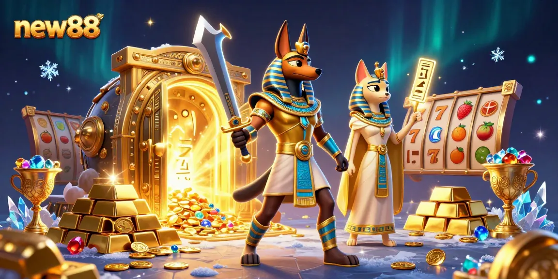 Experience excitement at new88 with ancient Egyptian warriors and plentiful treasures in a vibrant casino setting.