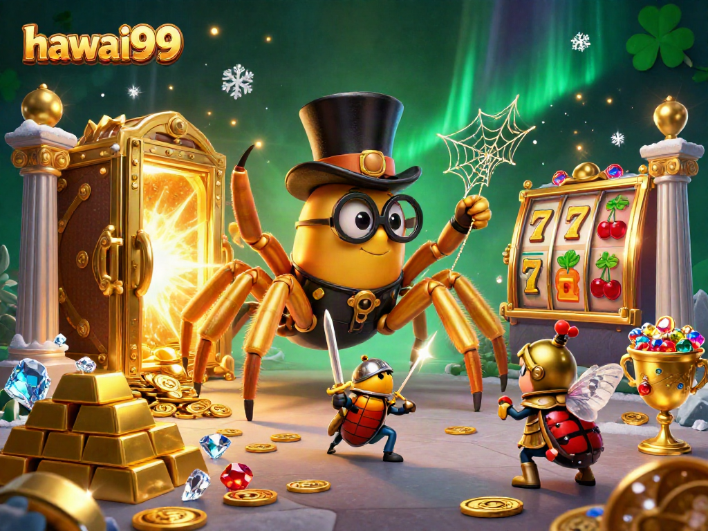 Join the adventure with hawai99's vibrant 3D illustration of a golden tarantula and beetle knight in a packed casino