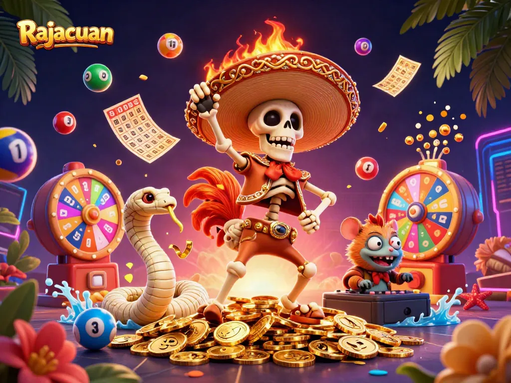 Rajacuan offers thrilling victory with a colorful array of lottery elements in a vibrant casino scene.