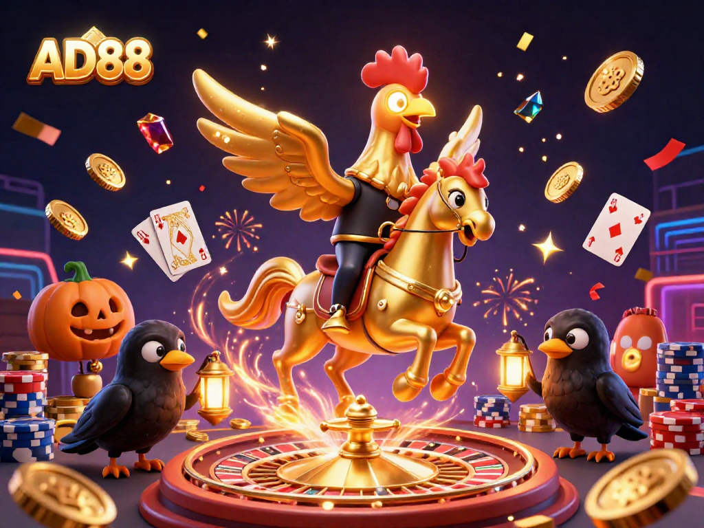 Experience the magic of AD88 with a golden rooster, spinning roulette, and vibrant casino elements.