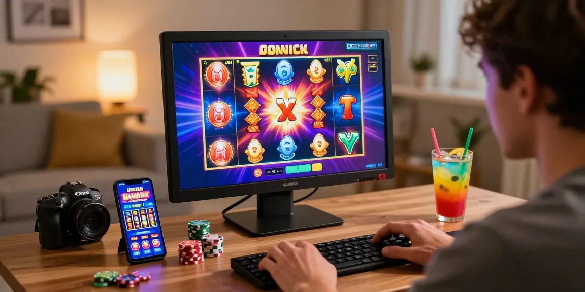 Player enjoying HWGSLOT online gaming in a cozy home setup with vibrant slot graphics.