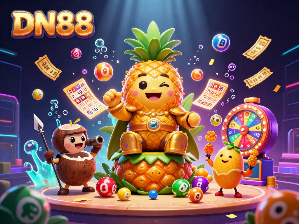 Join the fun at DN88 with vibrant lottery elements and the golden pineapple king in this lively scene.