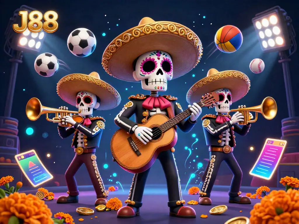 Experience the vibrant J88 mariachi band celebrating with sports elements and rich casino imagery.