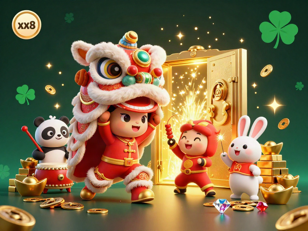 Experience exhilarating gameplay with xx8, featuring a vibrant lion dance and golden treasure elements.