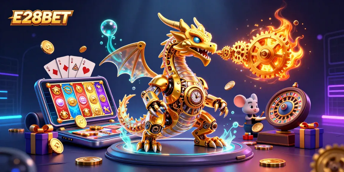 E28BET showcases a golden dragon with extraordinary features in a vibrant casino-themed illustration.