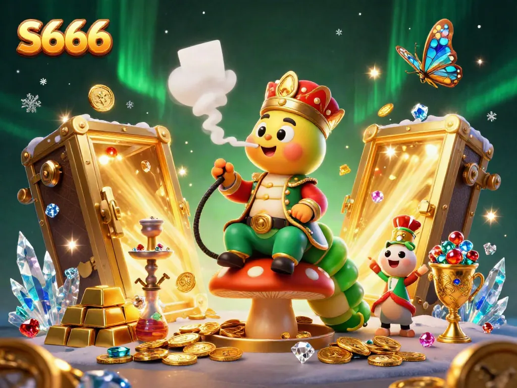 S666 features a vibrant 3D casino scene with a caterpillar hookah-master and gold treasures, showcasing online gaming excitement.