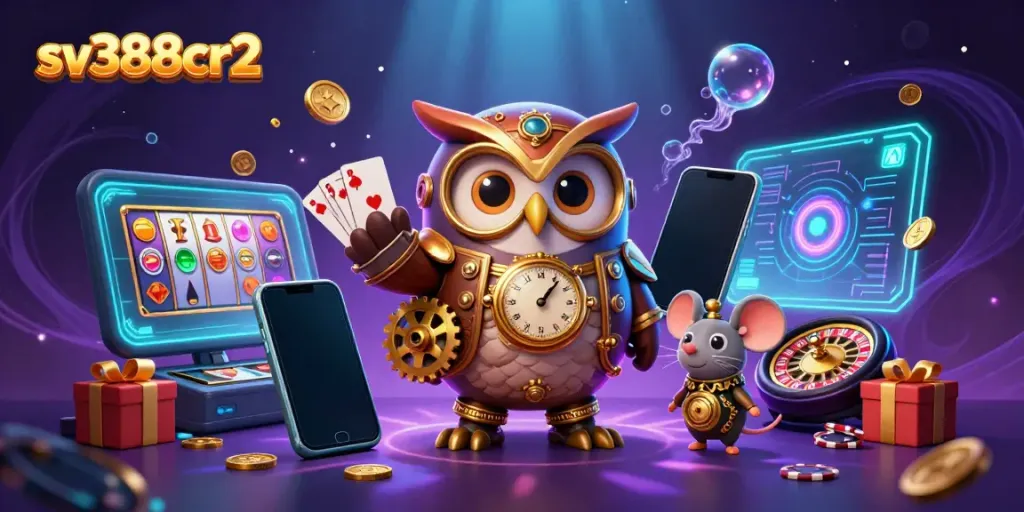Engage with thrilling cockfighting action at sv388cr2 with vibrant 3D illustrations of a time-traveler owl and casino elements.
