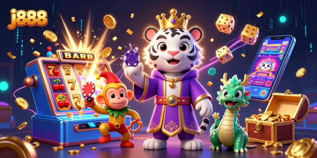 Experience the excitement of j888 with a vibrant casino scene featuring stunning characters and dynamic game elements.