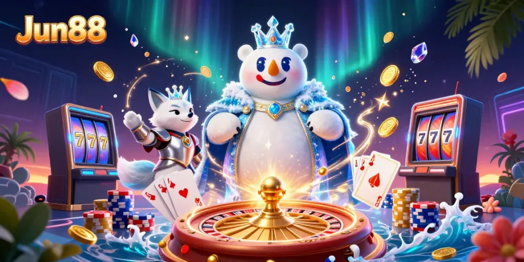 Experience the thrilling world of Jun88 with a striking illustration of a polar bear and snow fox amid vibrant casino elements.