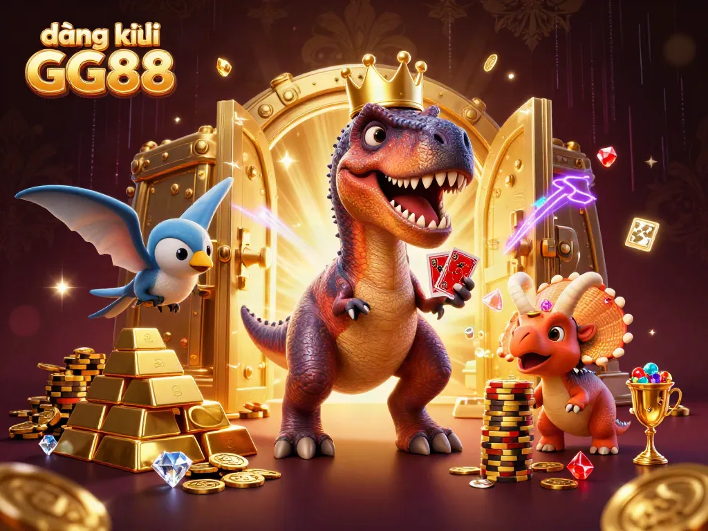 Engage in the excitement of đăng ký GG88 with a playful T-Rex and friends in a vibrant casino scene.