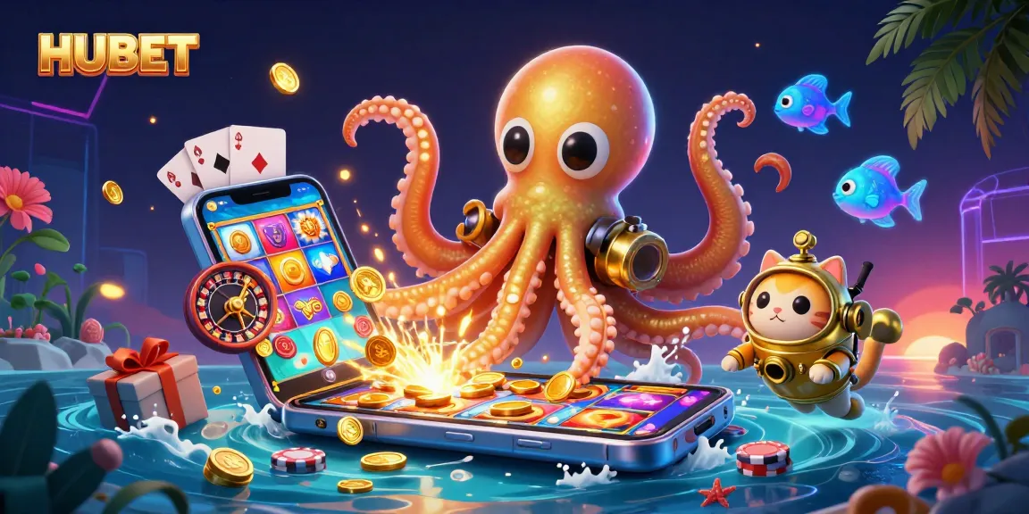Experience gaming thrills at HUBET with a vibrant scene of a colossal kraken, diving cat, and slot game excitement.