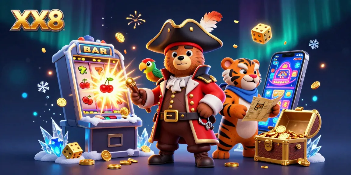 Experience the thrill of gaming at XX8 with an exciting casino scene featuring a pirate bear, tiger, and treasure elements.