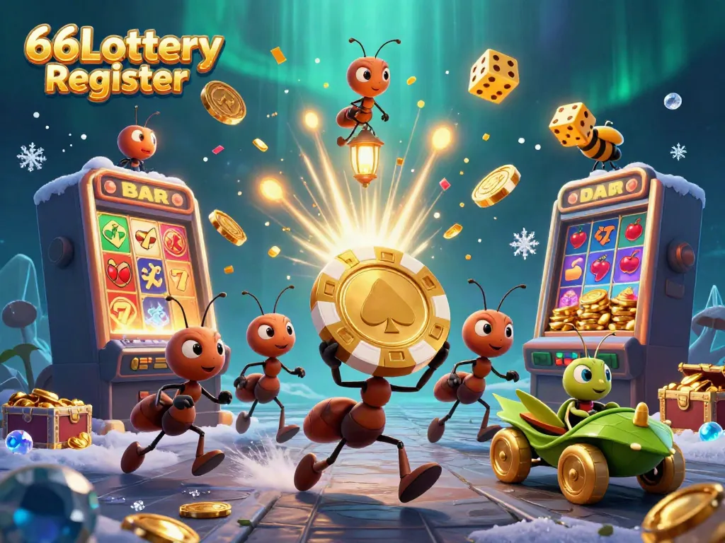 Engage with 66Lottery Register: Cartoon ants heist scene amid jackpot frenzy, vibrant and dynamic casino elements.