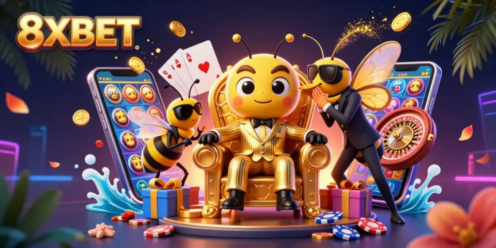 Experience thrilling games on 8XBET with this vibrant illustration of a casino scene.