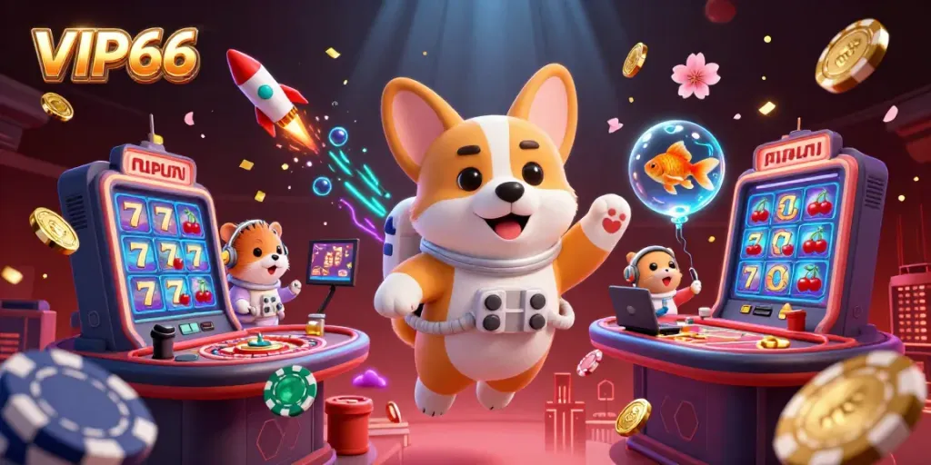 Experience VIP66 with a floating corgi astronaut in a lively casino scene, surrounded by casino elements.