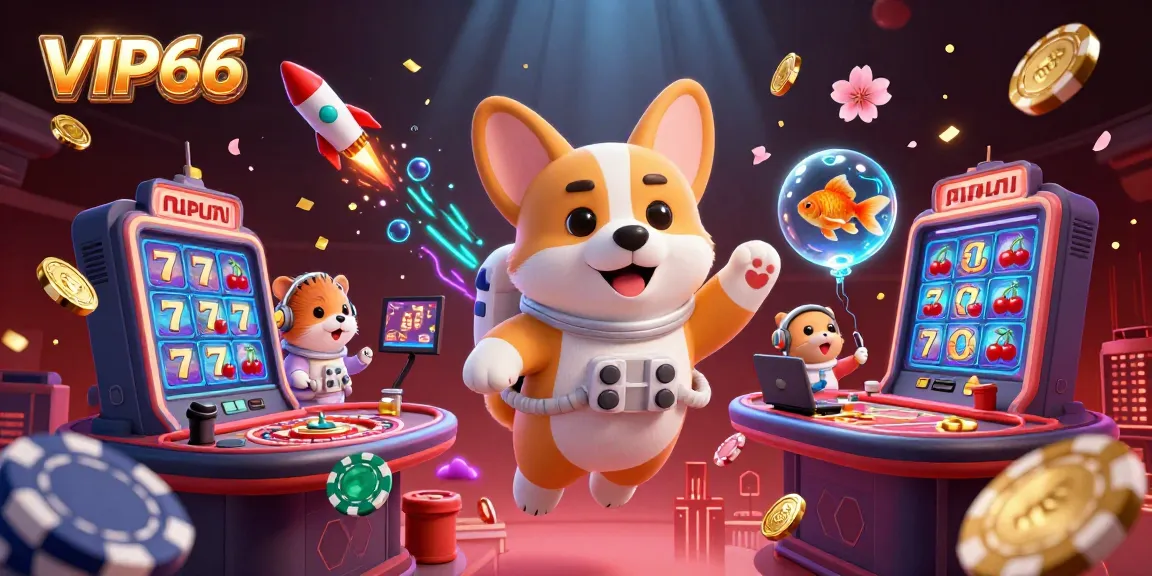 Experience VIP66 with a floating corgi astronaut in a lively casino scene, surrounded by casino elements.