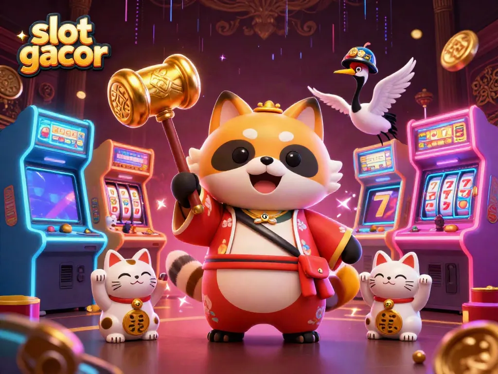 Experience slot gacor excitement with a cheerful tanuki surrounded by colorful casino elements and jackpots.
