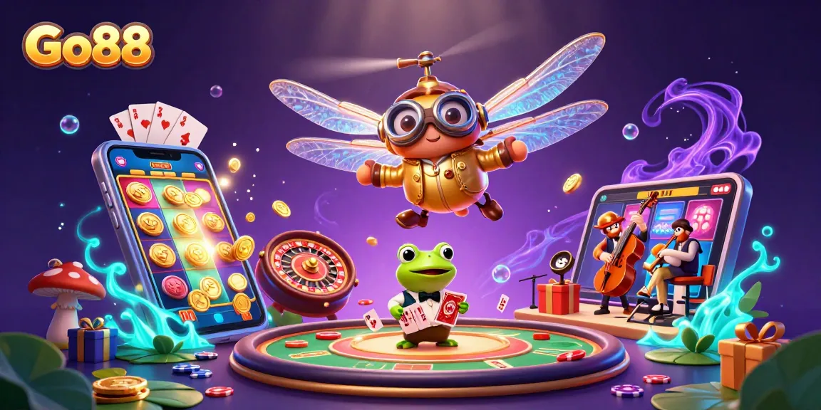 Experience Go88 with vibrant casino action featuring a dragonfly pilot, frog croupier, and jazz musicians.