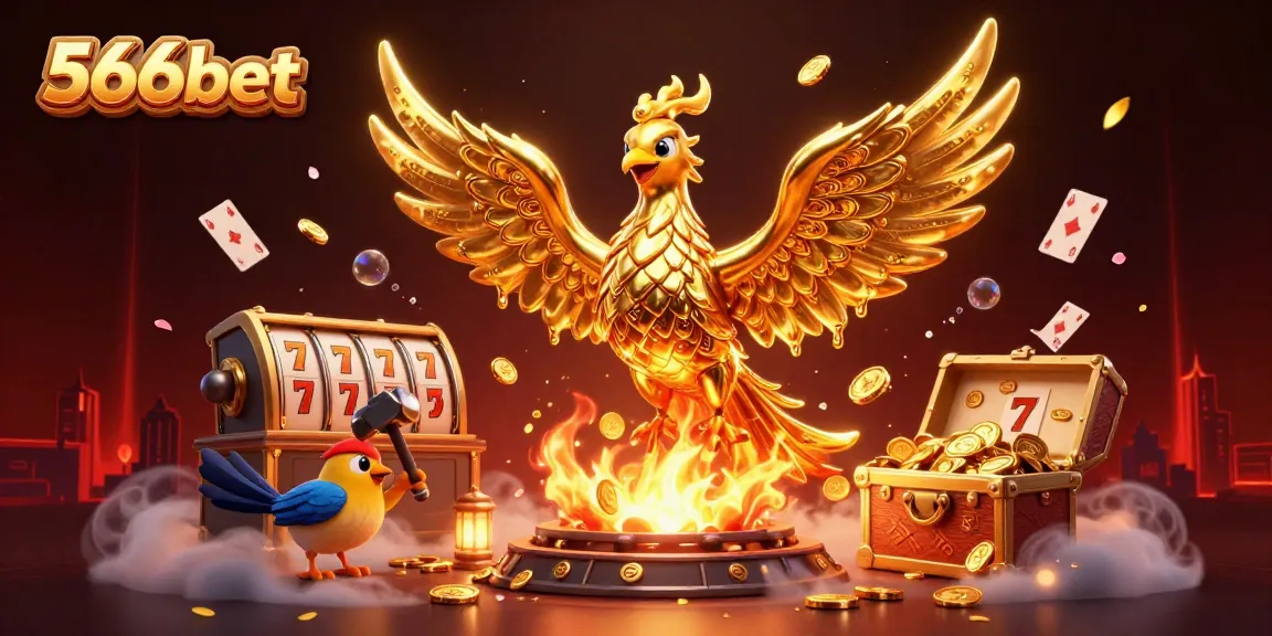 Engage with thrilling games on 566bet, featuring a golden phoenix and dynamic casino elements.