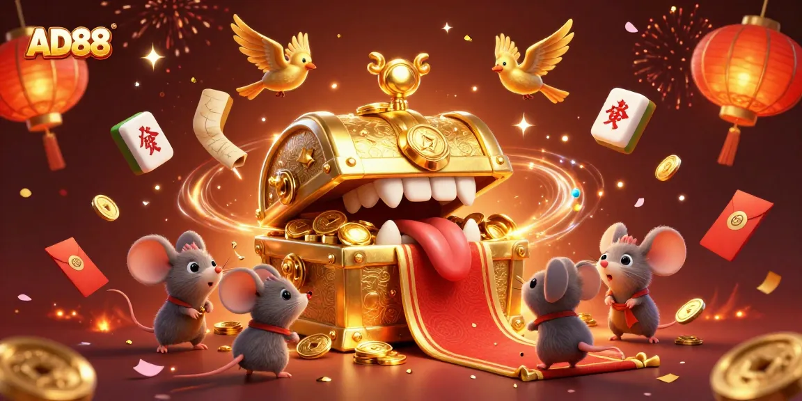 Engage with AD88's vibrant 3D treasure chest scene, showcasing rich casino elements and excitement.