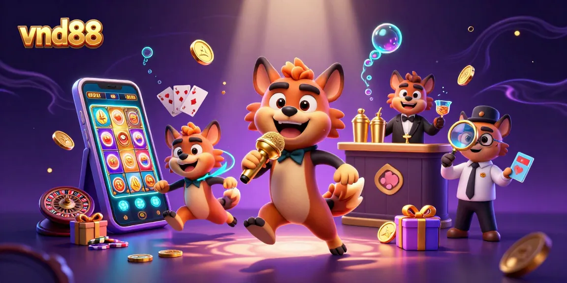 Experience the excitement of vnd88 with a lively casino scene featuring hyena characters, slot games, and golden coins.