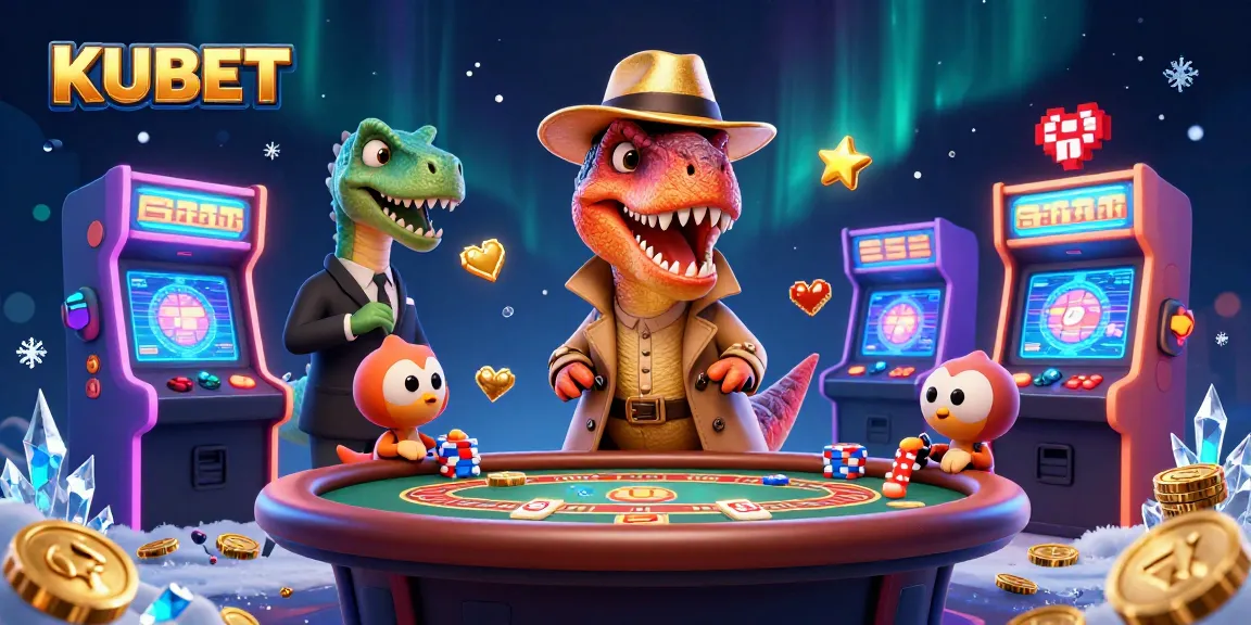KUBET card counter velociraptor interacts at a vibrant blackjack table with a stegosaurus pit boss, underscoring casino dynamics.