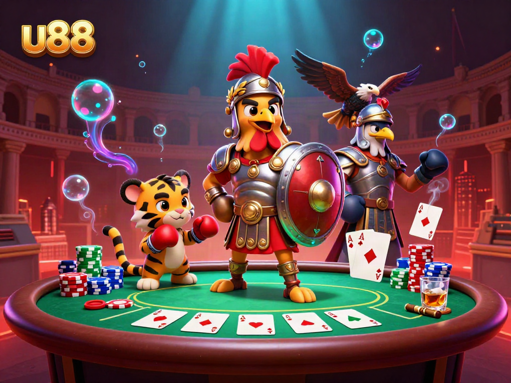 Engage with u88 in a vibrant scene showcasing a gladiator rooster and poker elements.