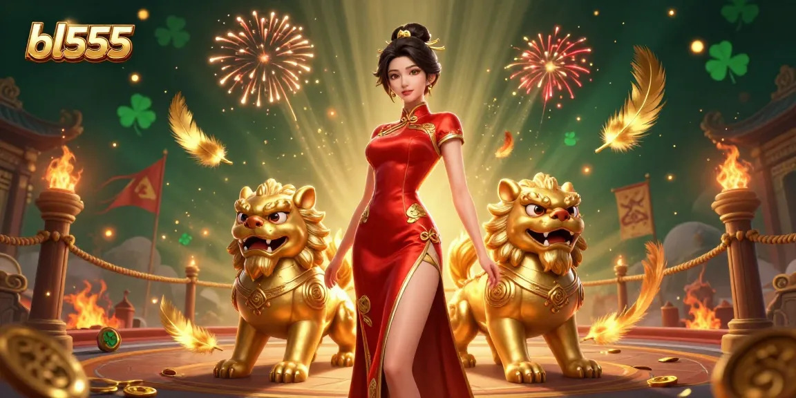 Experience the thrilling games at bl555 with golden foo dog guardians amidst dazzling fireworks.