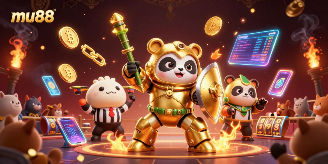Experience exciting wins at mu88 with golden panda and bamboo robot in vibrant casino scene.