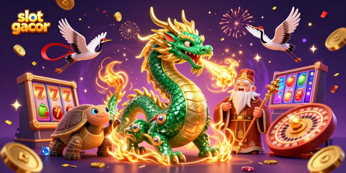 Experience the thrill of slot gacor with a dazzling scene of a jade dragon, turtle sage, and lucky cranes amidst golden coins and slot reels.