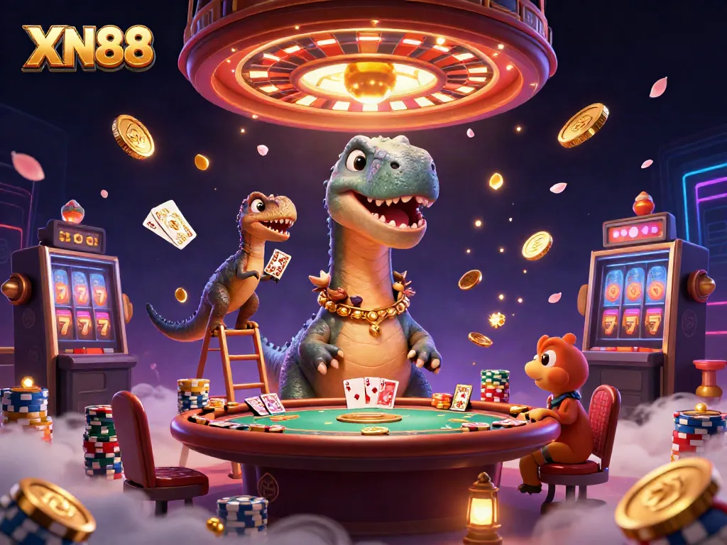 Experience thrilling gaming at XN88 with vibrant casino elements and cartoon dinosaurs.