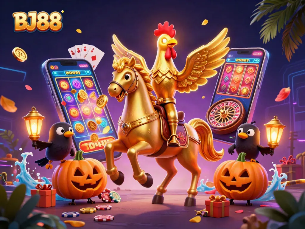 BJ88 showcases a golden rooster riding a spectral horse amidst dynamic casino elements, enticing players to join.