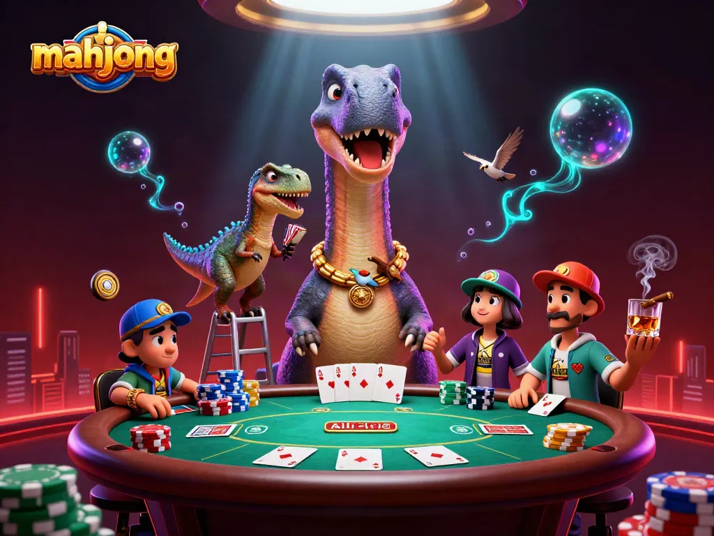 Play mahjong with vibrant casino action featuring a dinosaur and poker table.