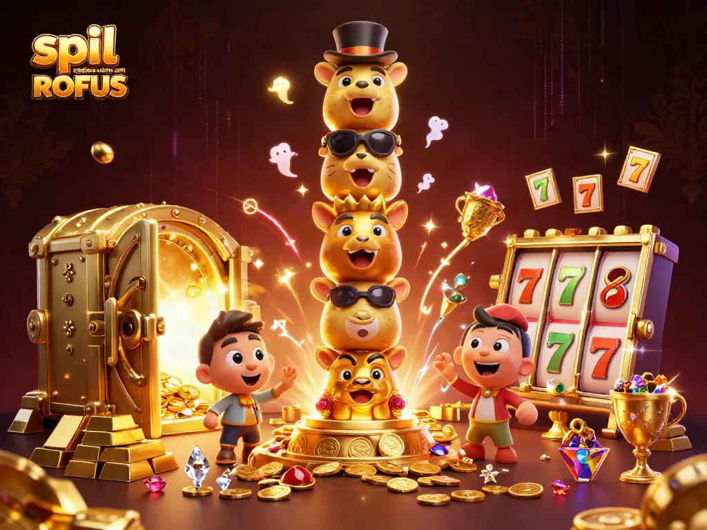 Experience the excitement of spil casino uden om ROFUS with vibrant 3D visuals of animated casino elements.
