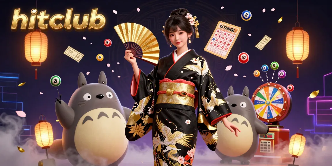 Engage with hitclub through a vibrant scene of games featuring a kimono-clad woman and a cartoon tanuki amidst lottery elements.