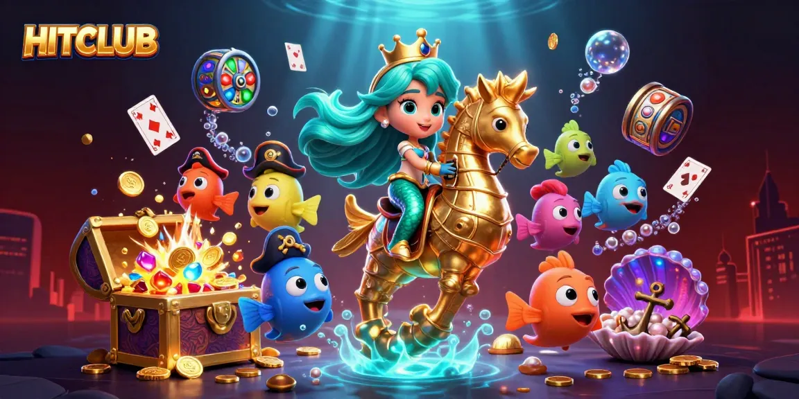 HITCLUB gaming scene showcasing a mermaid and seahorse surrounded by slots and treasures.