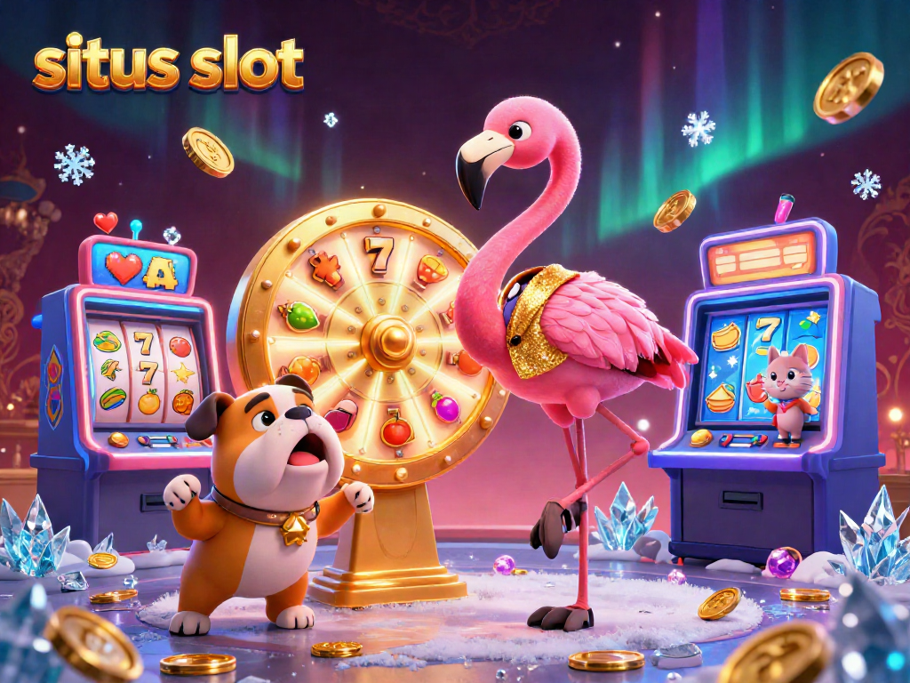 Situs slot gaming excitement with colorful slot machines and dynamic cartoon characters in a vibrant casino scene.