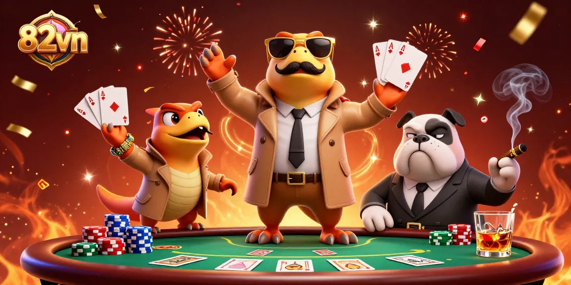 Immerse in the fun with 82vn's dynamic, colorful casino scene featuring playful raptors and a wary bouncer.